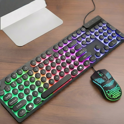 Ninja Dragons Z9i Wired Gaming Keyboard & Mouse Set, Retro Round Keycaps, LED Backlit (White & Black)