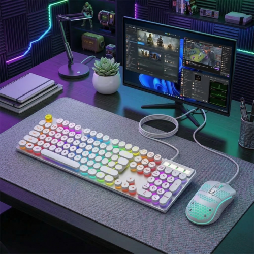 Ninja Dragons Z9i Wired Gaming Keyboard & Mouse Set, Retro Round Keycaps, LED Backlit (White & Black)
