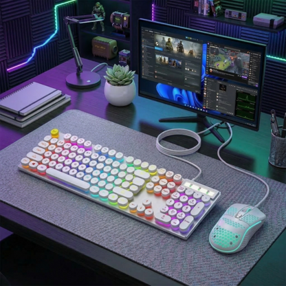 Ninja Dragons Z9i Wired Gaming Keyboard & Mouse Set, Retro Round Keycaps, LED Backlit (White & Black)