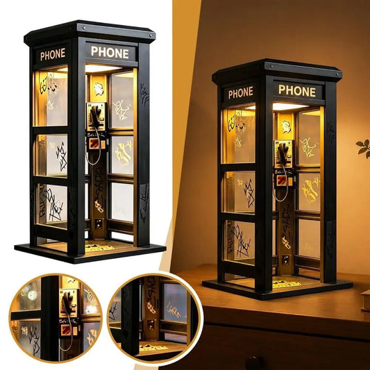 Vintage Phone Booth Ambient Lamp - Wooden, Miniature Payphone Design, Warm LED Glow (Brown)