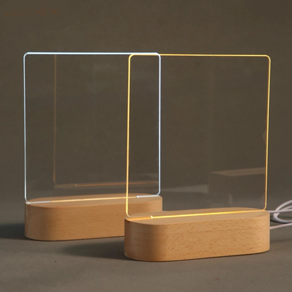 LED Acrylic Note Board w/ Wooden Base -  USB Powered, 3 Variants, Rewritable Message Board