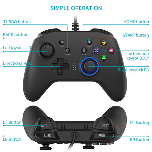 Wired USB Gaming Controller - Dual Vibration, Turbo, XInput & DInput, Multi-Platform (Black / Blue)