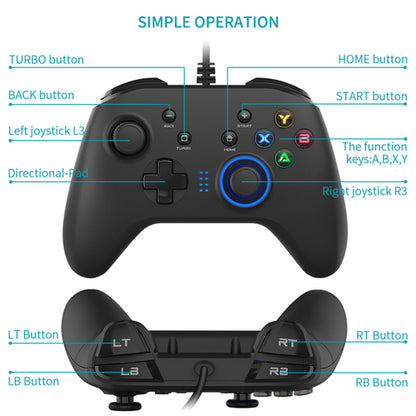 Wired USB Gaming Controller - Dual Vibration, Turbo, XInput & DInput, Multi-Platform (Black / Blue)