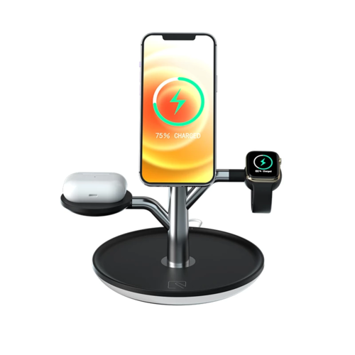 3-in-1 Wireless Charging Stand - iPhone, AirPods & Apple Watch Holder with LED Night Light (Black)