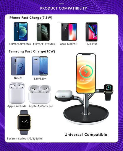 3-in-1 Wireless Charging Stand - iPhone, AirPods & Apple Watch Holder with LED Night Light (Black)