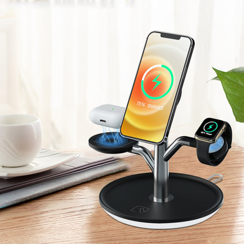 3-in-1 Wireless Charging Stand - iPhone, AirPods & Apple Watch Holder with LED Night Light (Black)