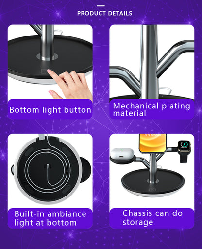 3-in-1 Wireless Charging Stand - iPhone, AirPods & Apple Watch Holder with LED Night Light (Black)