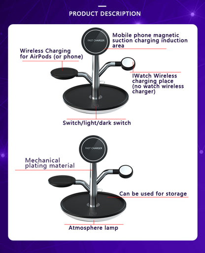 3-in-1 Wireless Charging Stand - iPhone, AirPods & Apple Watch Holder with LED Night Light (Black)